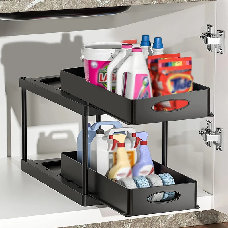 SPACEKEEPER Organizador para debajo del fregadero, organizador de cesta  deslizante de 2 niveles para debajo del baño, estante de almacenamiento con