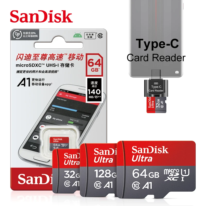 High-Speed SanDisk MicroSD Card with Type-C Card Reader - Class 10 UHS-1 Flash Memory