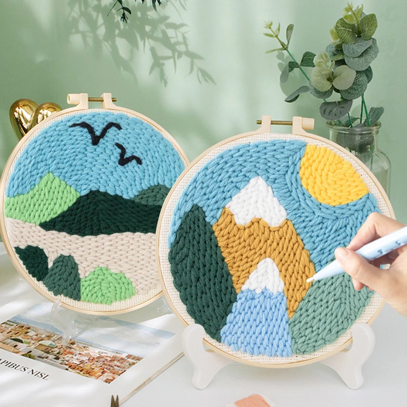 Scenery Pattern Punch Needle Embroidery Starter Set With Yarn DIY Craft Kit  Magic Tufting Embroidery Kit Home Painting Decor