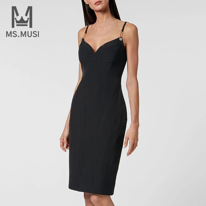 

MSMUSI 2023 New Fashion Women Sexy Strap Stripe Pin Button Sleeveless Backless Bandage Party Club Bodycon Event Slim Midi Dress