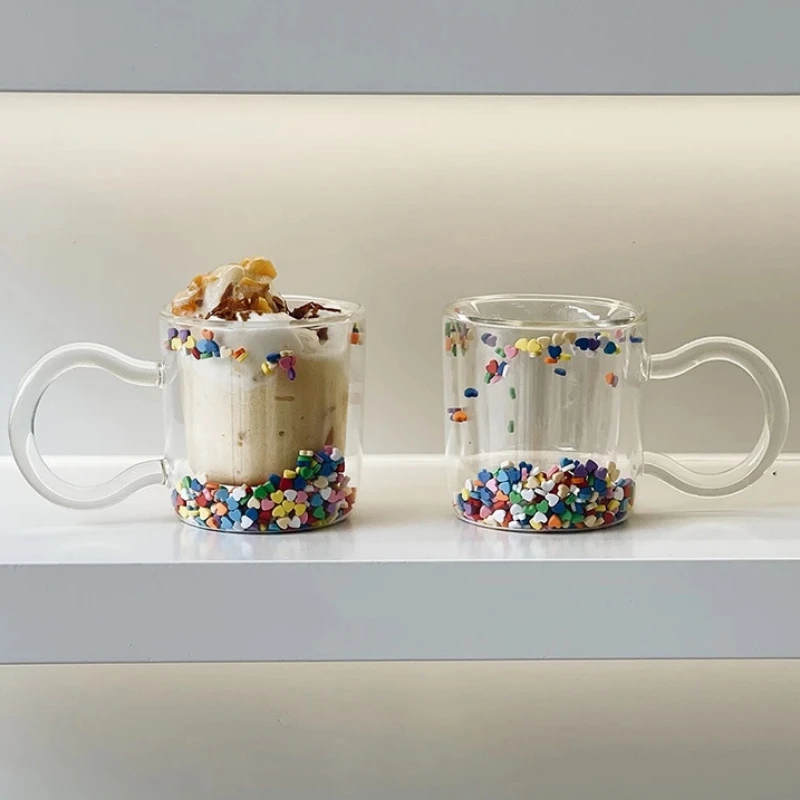 200ml Multicolor Heart Shaped Quicksand Cup Creative Double Layer Glass Cup Coffee Mug Milk Tea Juice Water Glass Drinkware glass water cup,double wall glass cup