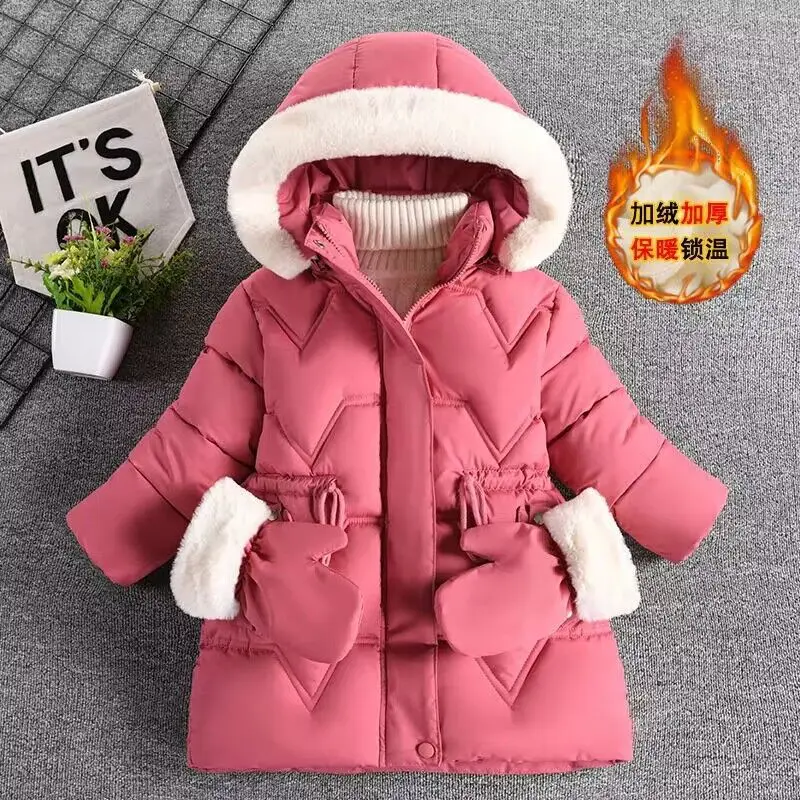 

Send Gloves New Winter Girls Jacket Warm Fur Collar Princess Coat Hooded Zipper Outerwear Birthday Gift 3-8 Years Kids Clothes