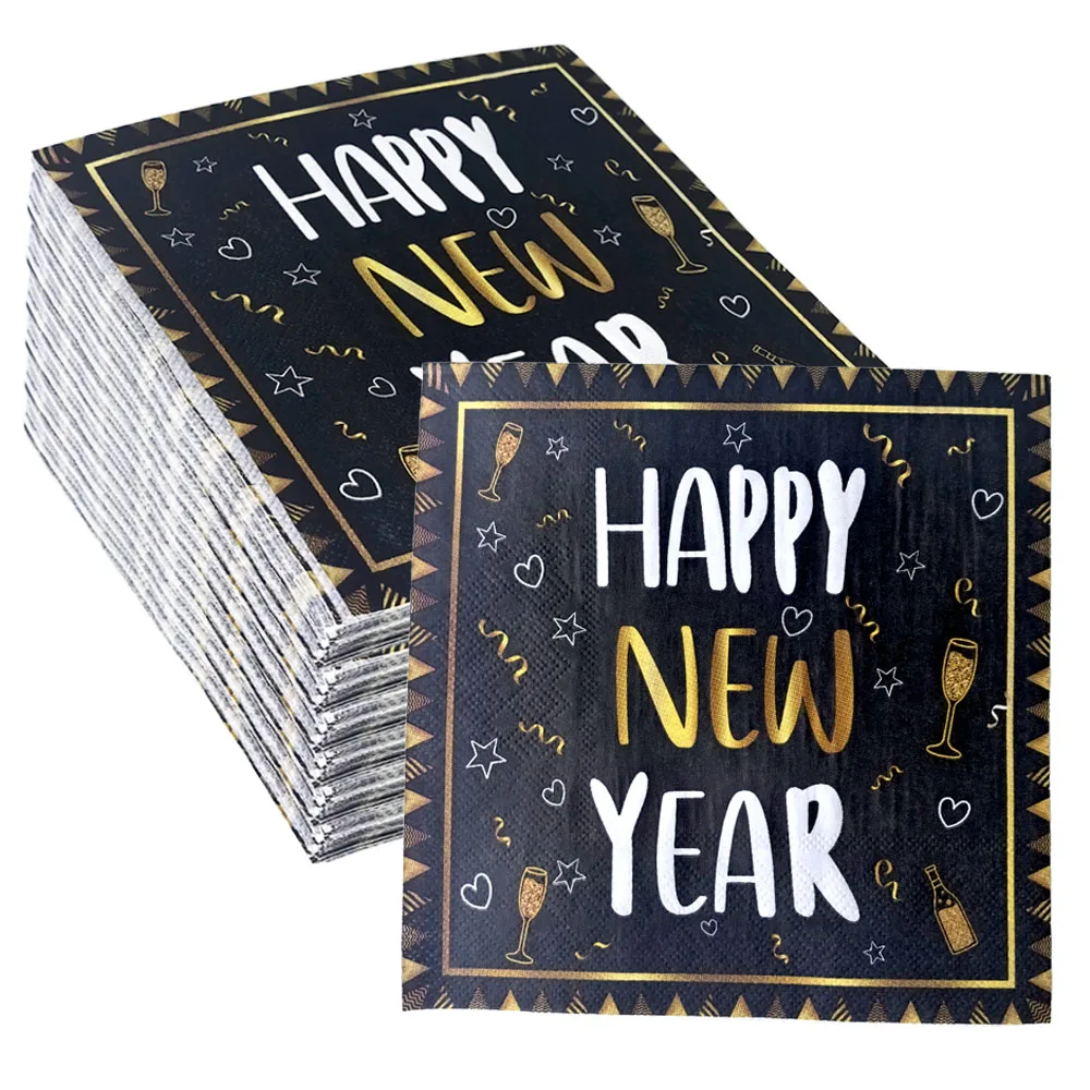 New Year Cocktail Napkins 20/40/60pcs Happy New Year Napkins Black and Gold Disposable Party Decors paper napkins