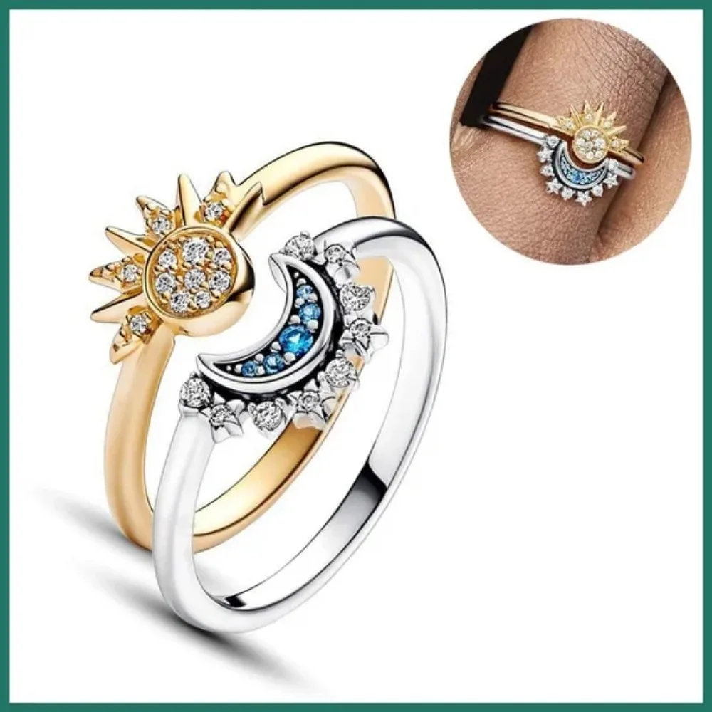 par de anillos celestiales de sol y luna para mujer, anillos de
