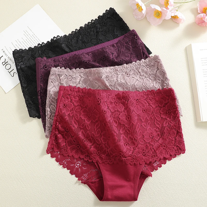 4Pcs/Set High-Waisted Hollow Out Lace Panties For Women Soft Cotton Crotch Breathable Comfortable Pan 2