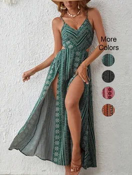 Deep V-Neck Backless Sling Dress with Thigh High Slit, Floral Print Beach Holiday Party Maxi Dress, Summer Women's Clothing 1