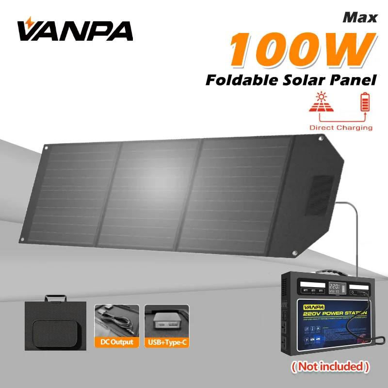 VANPA 100W Foldable Solar Panel Charger For Power Station DC/Type-C/USB Output for Cell Phone Camping Emergency foldable solar charger