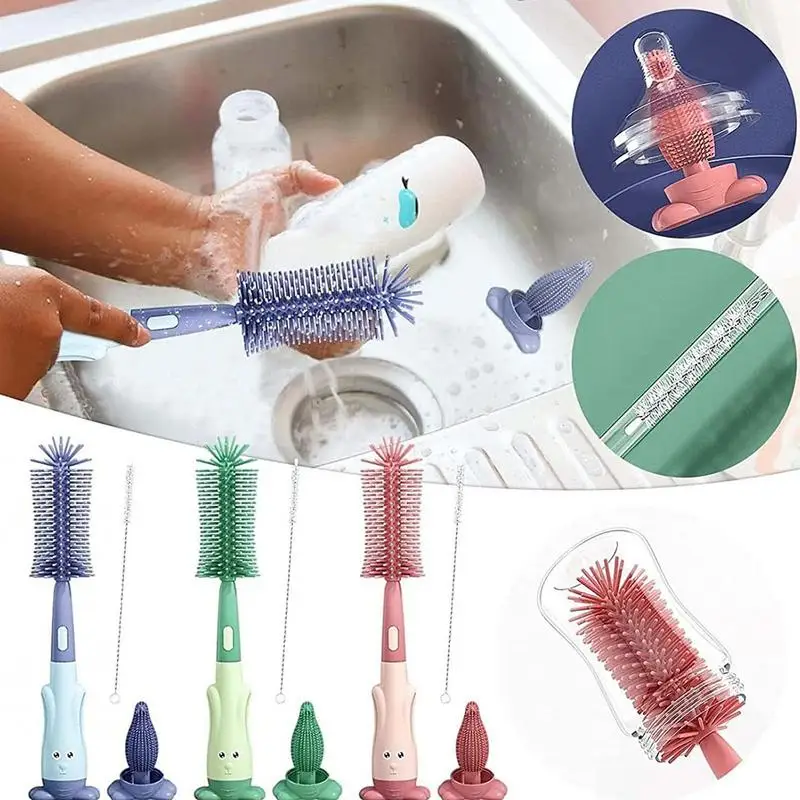 

3 In 1 Silicone Cup Brush Baby Bottle Brush Set Milk Bottle Cleaning Brush With Long Handle Water Bottle Cleaning Gadgets