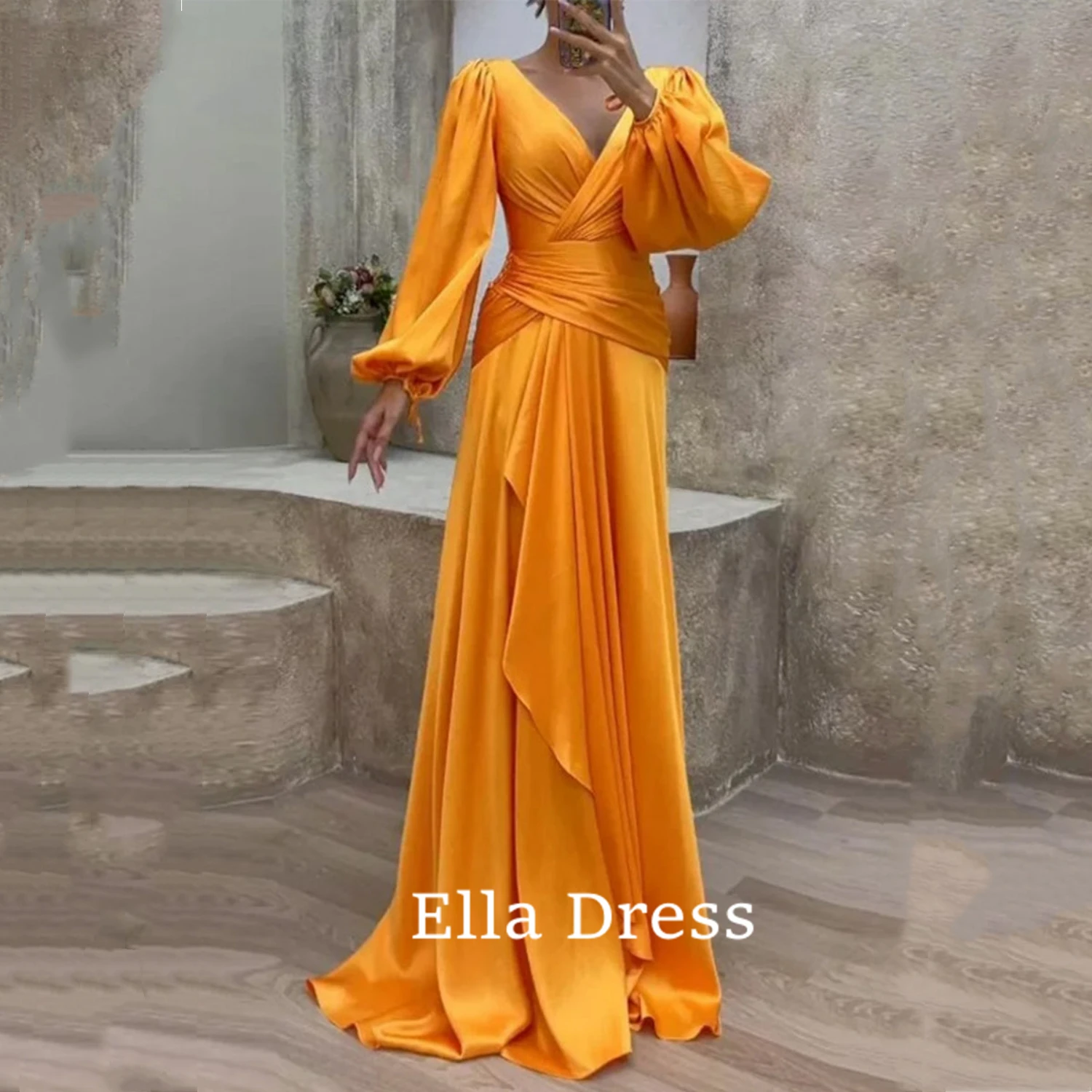 

Ella Elegant and Simple Solid Color Long Lantern Sleeves V-neck Pleated Irregular Waist Slim-fitting Evening Dress Ball Gowns