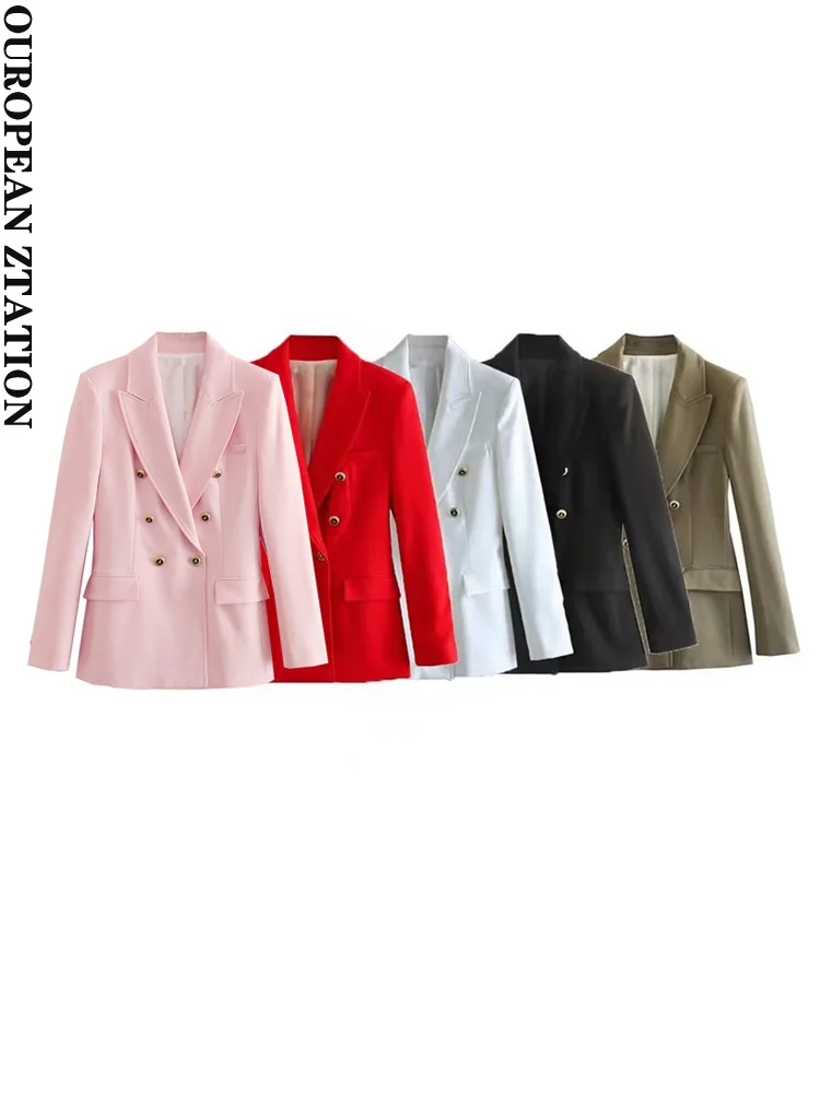 

PAILETE Women 2023 fashion double breasted blazer coat vintage long sleeve flap pockets female outerwear chic vestes femmes
