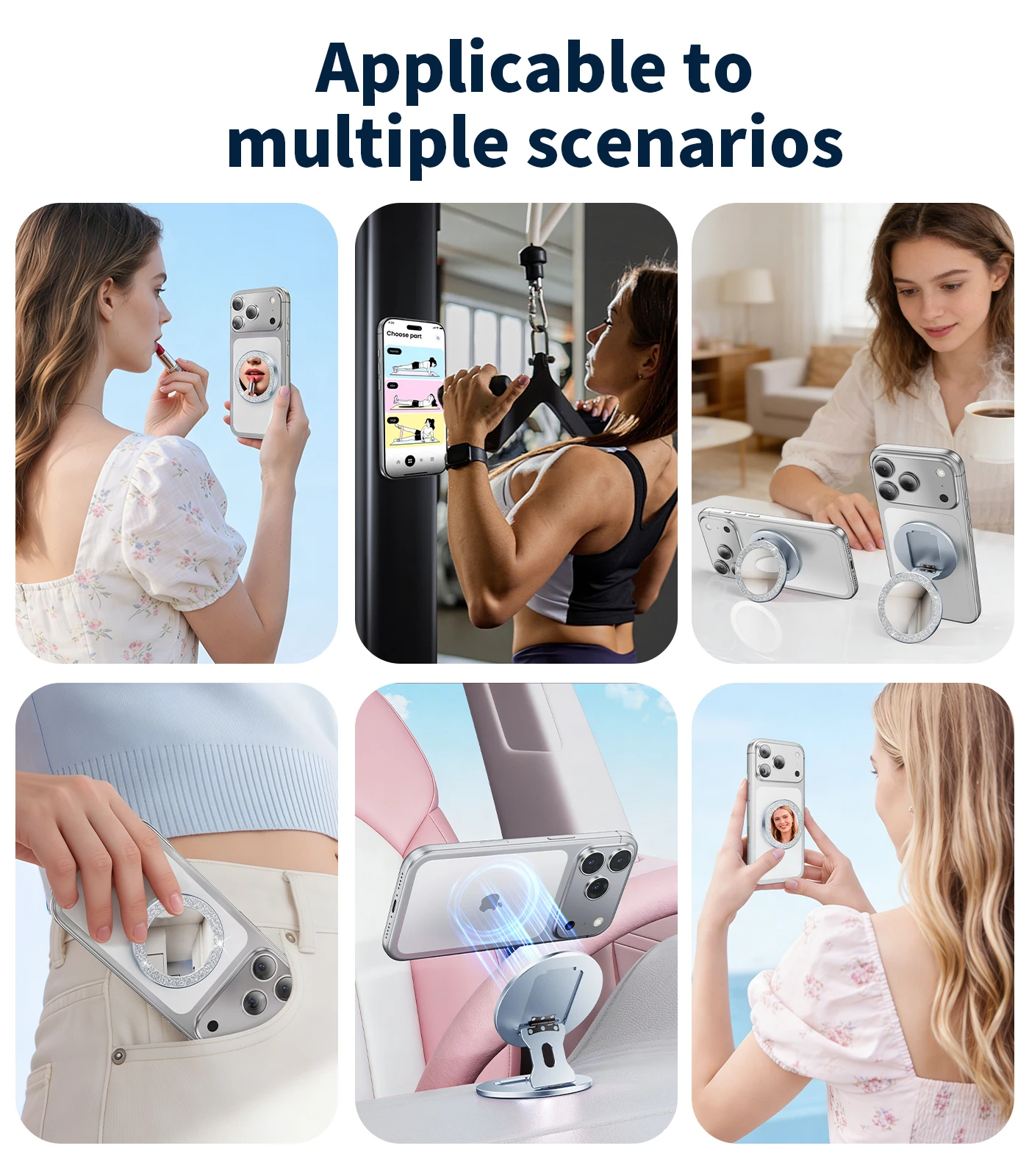 Magnetic Phone Grip & Stand with Mirror - Portable, Adjustable Holder