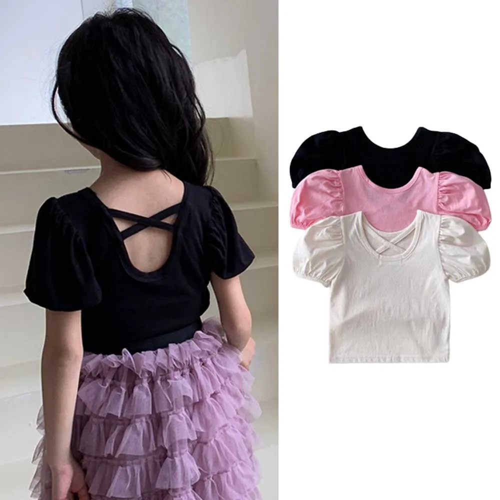 

Girls T-shirt Children's Clothes Short Puff Sleeved Back Baby Shirt Cotton 2023 Summer Kids Solid Color Top Tees Korean Style