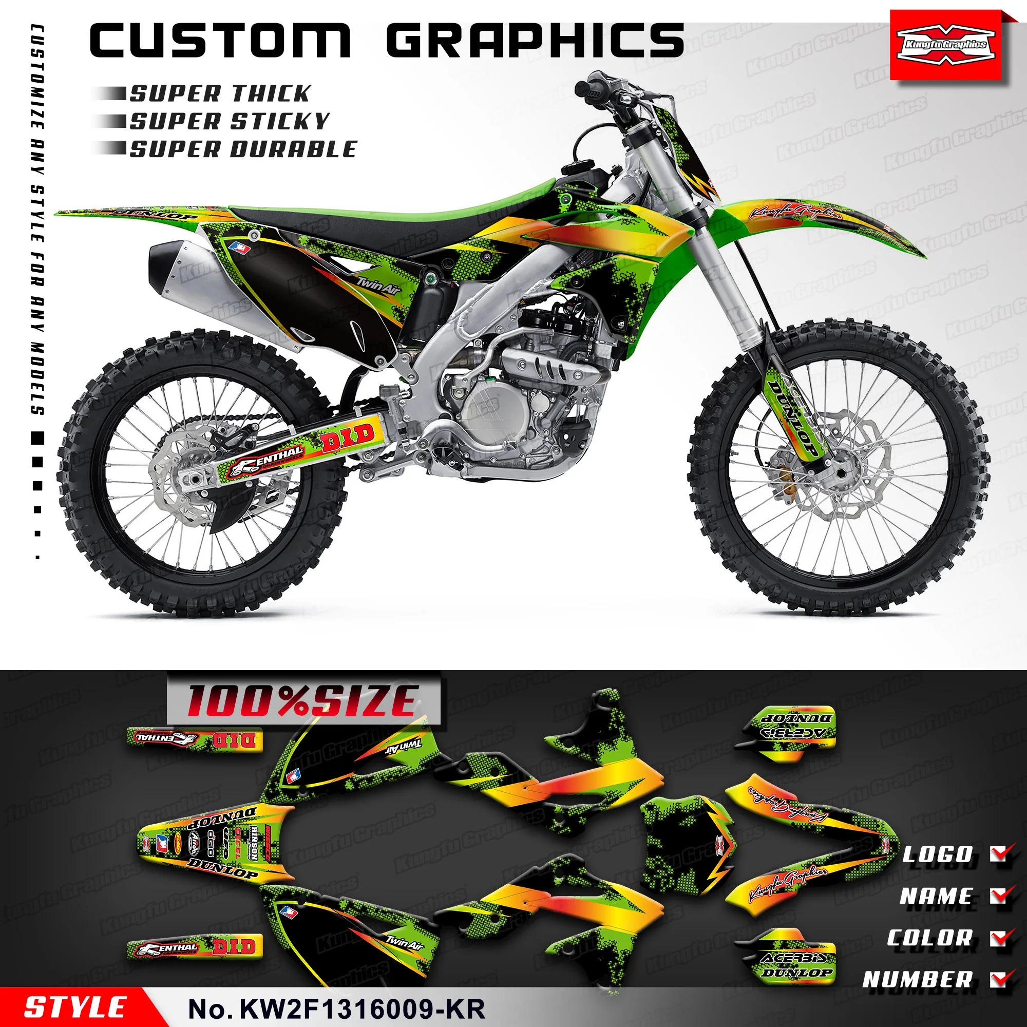 

KUNGFU графика мотоцикла Виниловая наклейка для Kawasaki KX250F KXF250 2013 2014 2015, KW2F1316009-KR