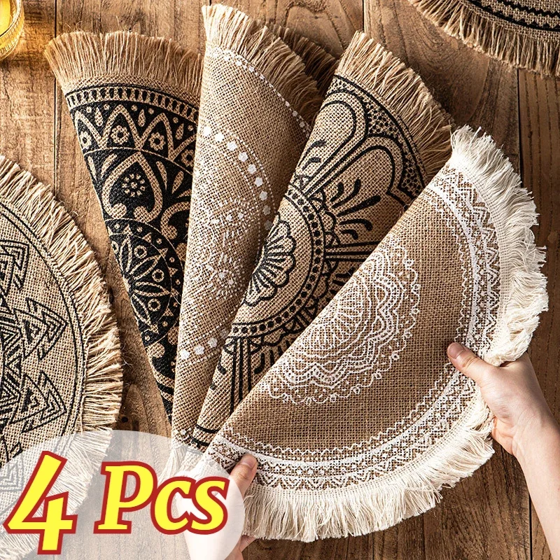 

4pcs Bohemian Diameter38cm/15inch Round Insulated Anti-scald Placemat Cup Coaster Mats Non-Slip Kitchen Accessories with Tassels