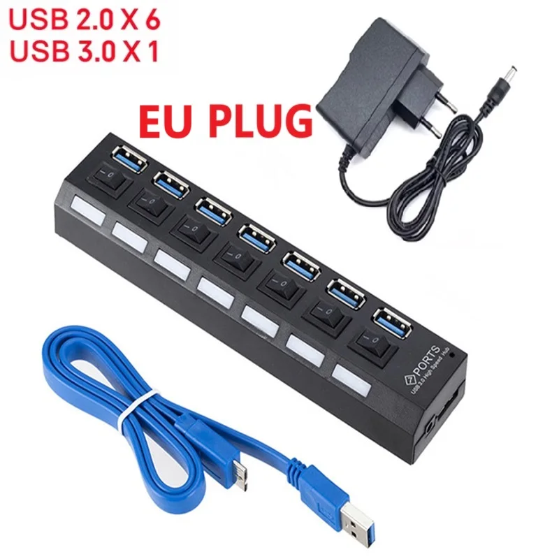 High-Speed USB 3.0 Hub with 4 or 7 Ports and External Power Adapter