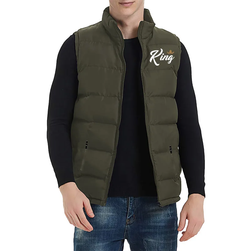 Tuveke Autumn and Winter Latest KING QUEEN Print Couple Sleeveless Couple Zipper Down Jacket Vest Solid Color Inflatable Vest