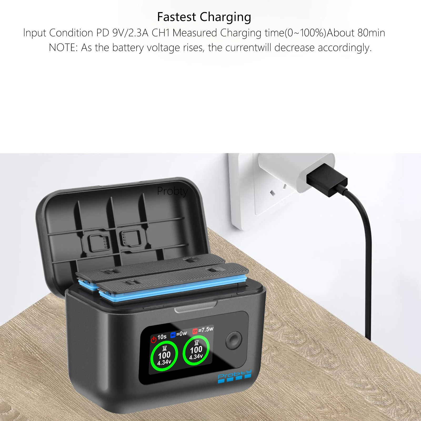 Vue arrière du chargeur PD rapide pour Insta360 X5 avec écran LCD, ports et dissipateur thermique.