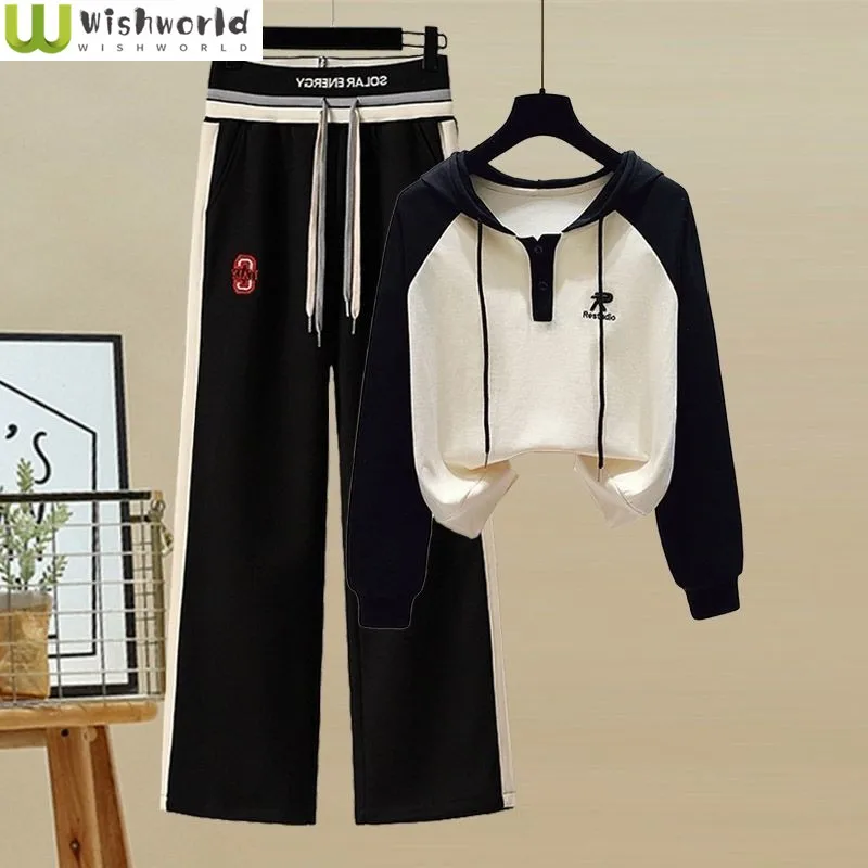 Spring and Autumn New Korean Edition Hooded Contrast Color Long Sleeved Top Spliced Fashion Sports Casual Pants Two Piece Set