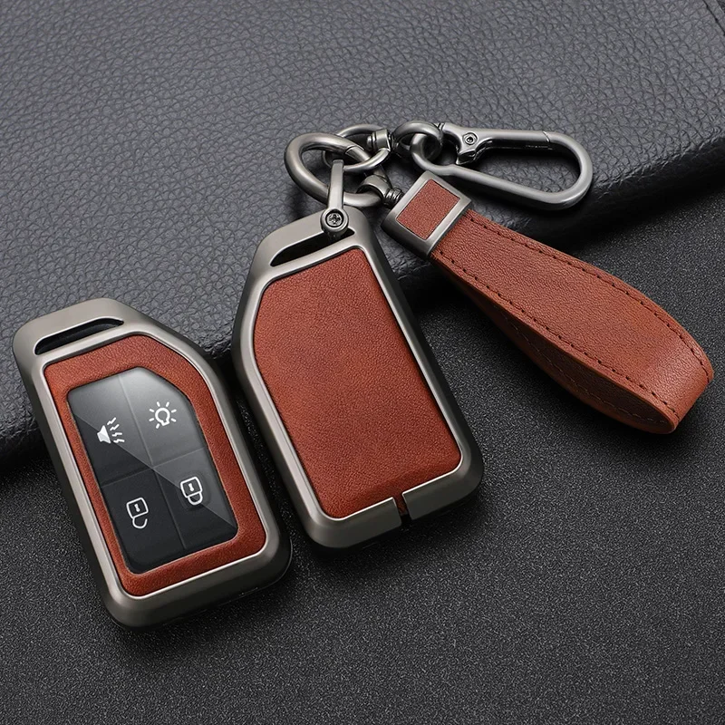 Zinc Alloy+ Leather Car Key Case Cover for Volvo FH16 CARGO 555 FM Heavy Truck 2 4 Button Remote Key Protection Shell Holder Bag