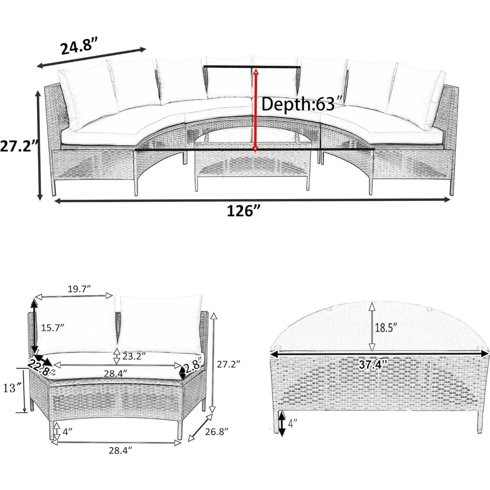5-Piece Half Moon Outdoor Sectional Sofa Set,Cushions and Half-Moon Tempered Glass Table, Patio All-Weather PE Wicker Furniture 5