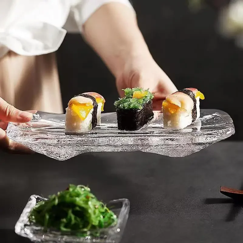 Japanese glass sashimi board, ice river sushi, kitchen dishes, tableware, dinner, cake, restaurant, bar, family garden