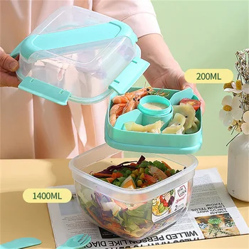 Bols à salade portables à 2 couches avec fourchette, boîte à déjeuner de 1300ml/1600ml, boîtes à Bento scellées et étanches, boîte de pique-nique réutilisable, récipient alimentaire 1