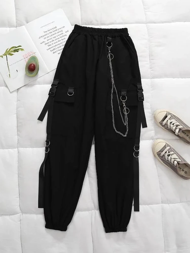 Houzhou Gothic Women Black Cargo Pants 