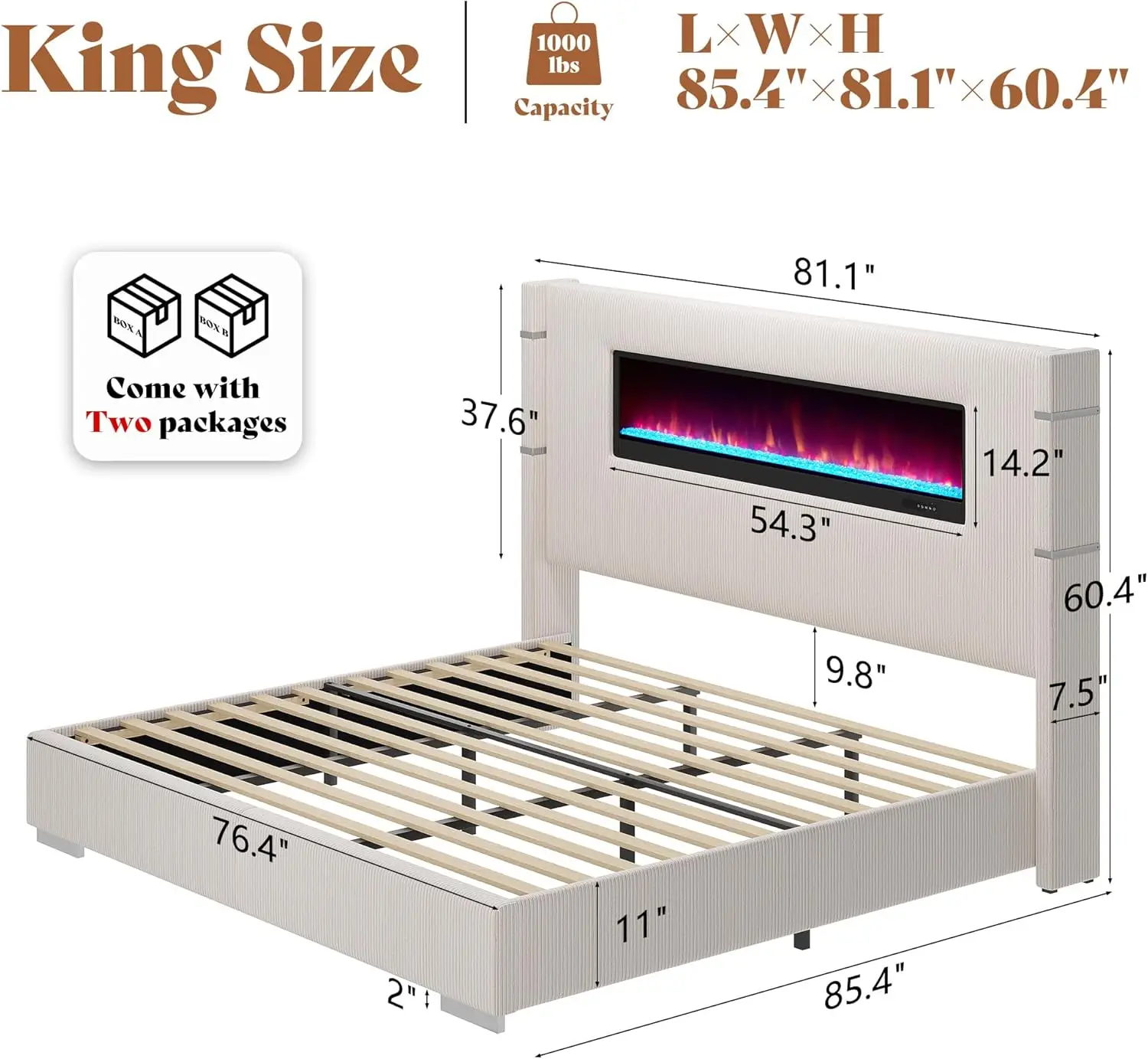 Modern King Size Bed Frame W/Fireplace, Wingback Platform Bed Frame W/60.4“ Extra Tall Headboard,Corduroy Upholstered Bed Frame 2
