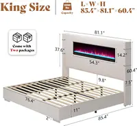 Modern King Size Bed Frame W/Fireplace, Wingback Platform Bed Frame W/60.4“ Extra Tall Headboard,Corduroy Upholstered Bed Frame 2