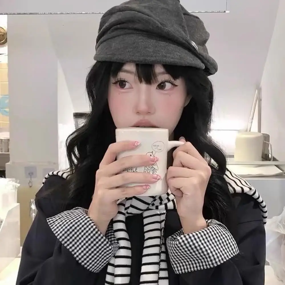 Japanese Style Ruched Button Octagonal Hat Vintage Beret Hat Women Elegant Artist Beret Autumn Winter Casual Brown Peaked Cap