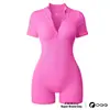 OQQ-Nine cents Women Yoga Rompers Workout Ribbed Short Sleeve Zip Front Exercise Rompers 1