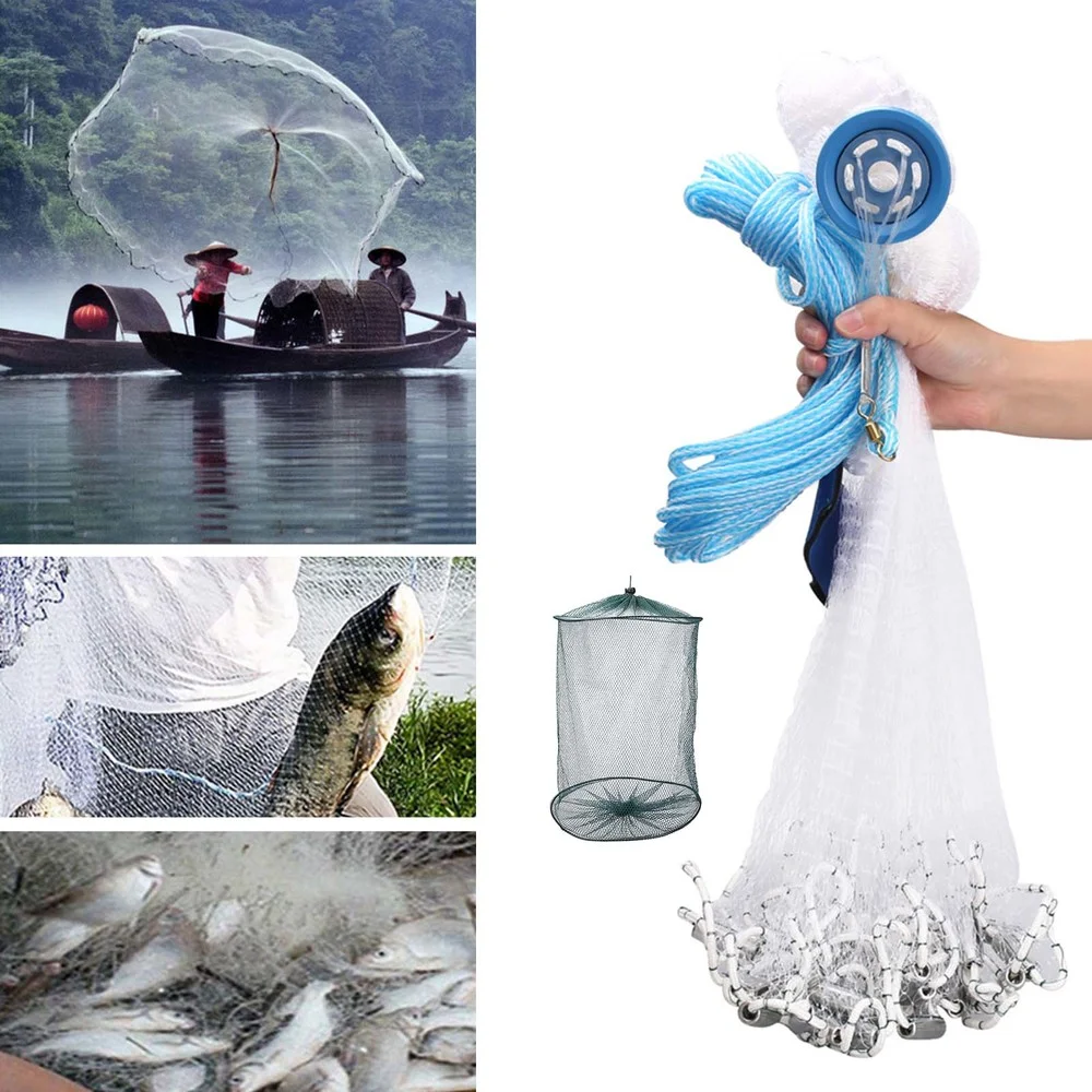 Fishing Casting Net 2.4/3/3.6/4.8M American Cast with Sinker Small Mesh Trap  for Fish Network Throw Gill Net with Shrimp Pot