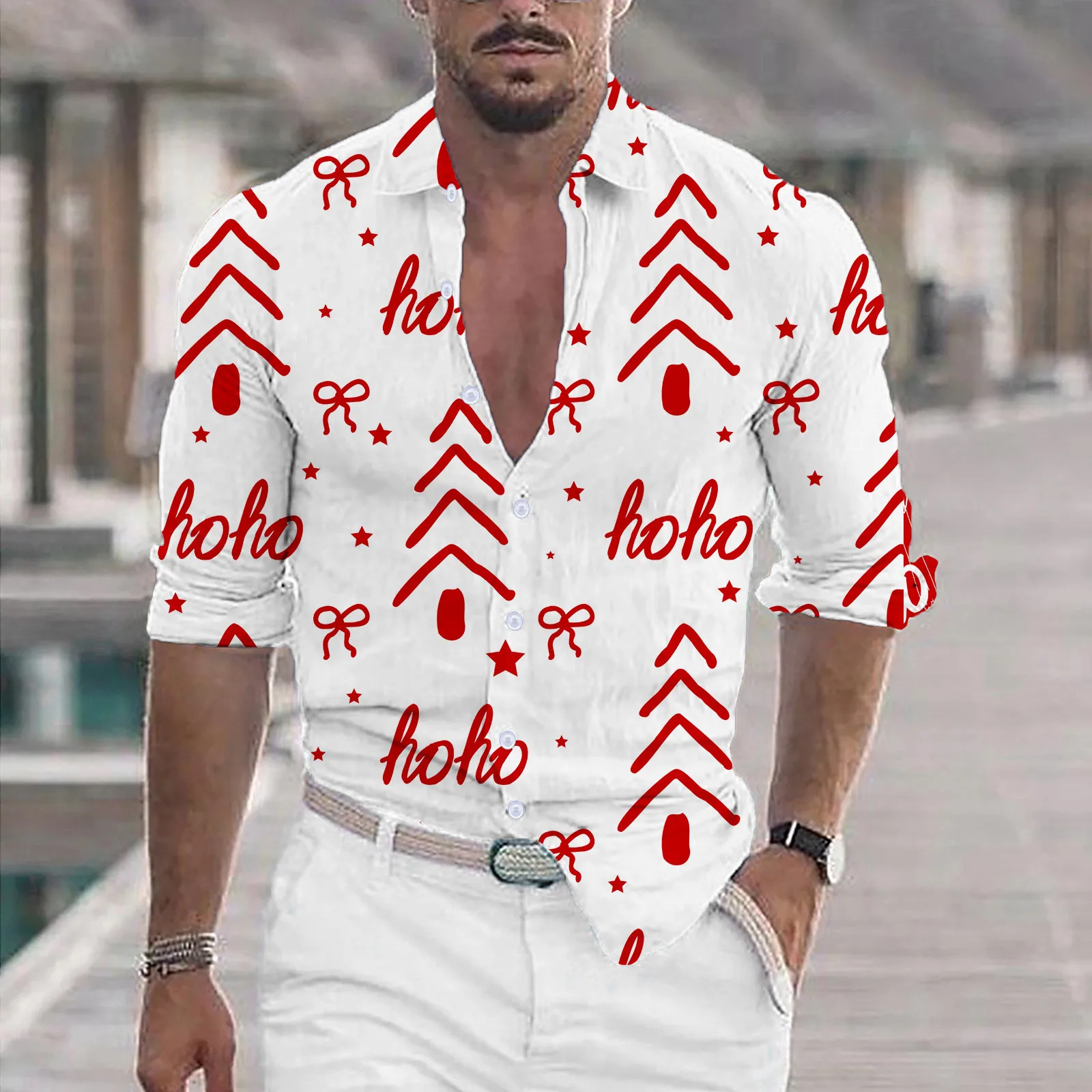 

Men'S Christmas Shirts Navidad Shirt Funny Blouses Short-Sleeved Tops Cartoon Printed Letter Lapel-Neck Themed Vacation Camisas