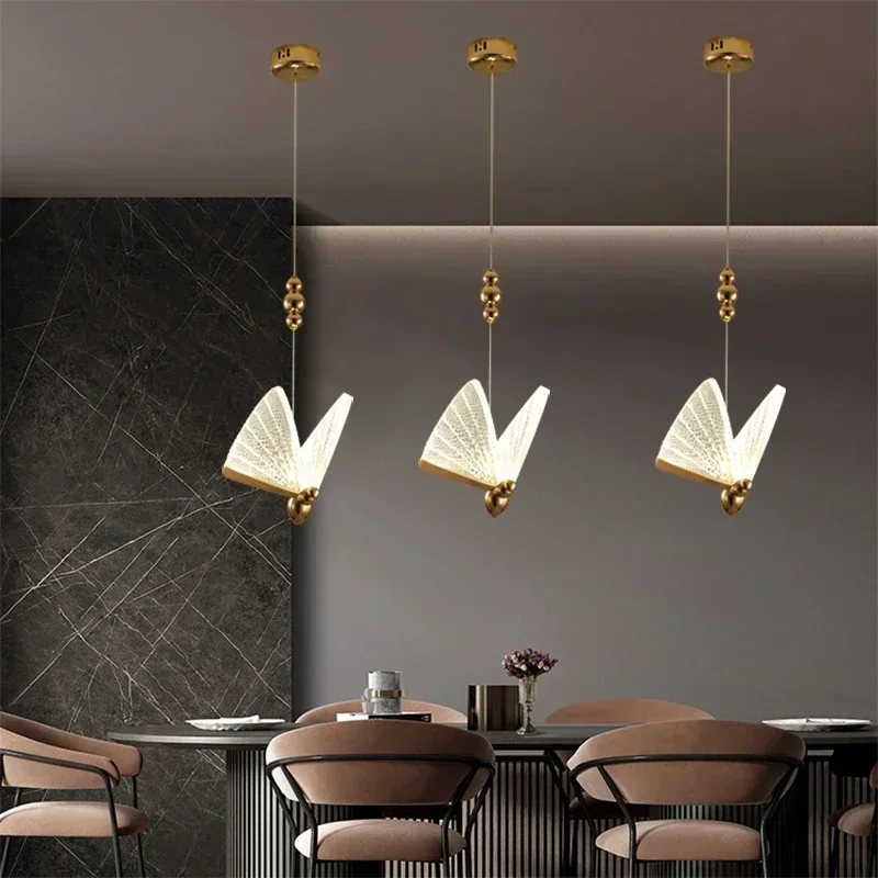 Modern LED Pendant Lights Luxury Creative Chandeliers Butterfly Single Double Head Nordic Bedside Long-line Hanging Lamp 4