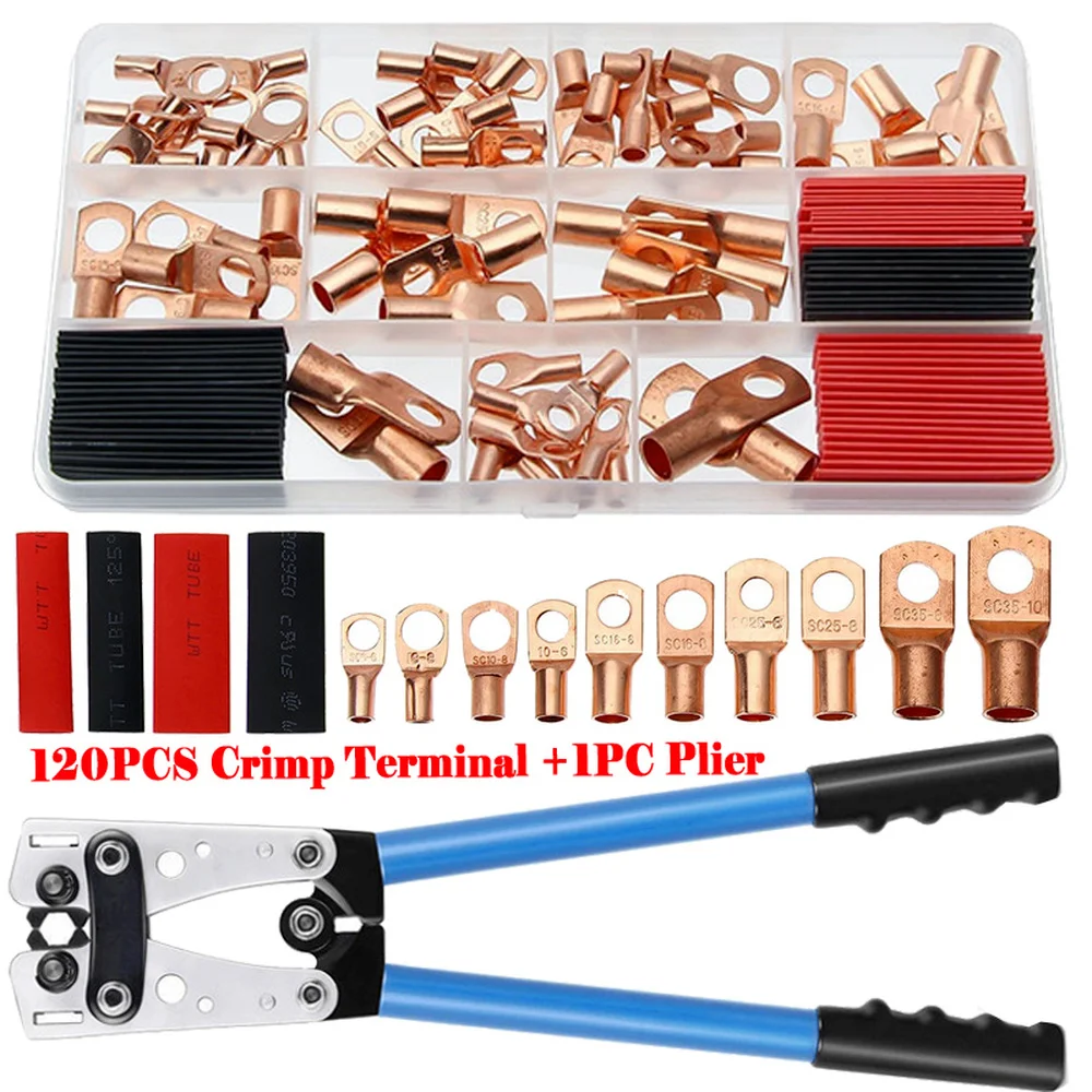 

120PCS Wire Bare Copper Lug Ring Terminals Heat Shrink Tubes Kit with 1PC HX-50B Crimp Plier