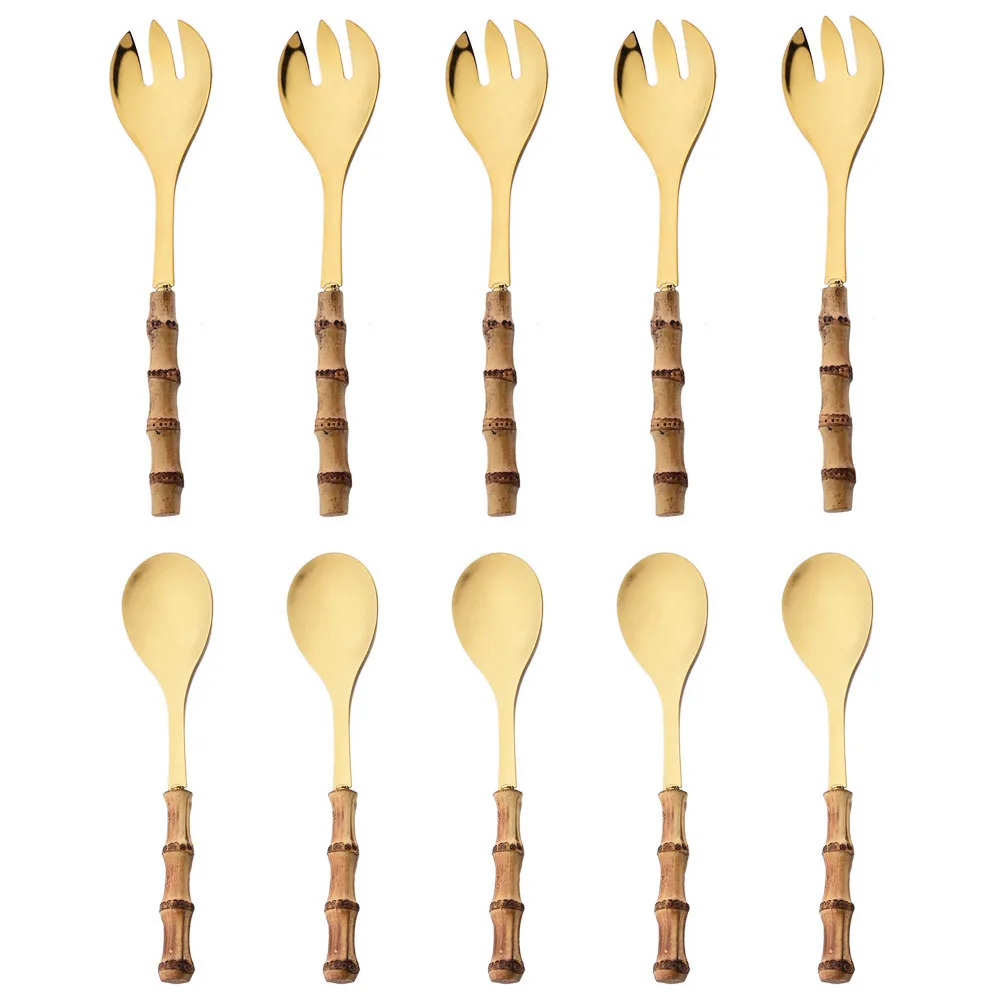 

JANKNG деревянная ручка, 10 шт., большой столовый прибор с длинной ручкой, набор из салата, столовые приборы из нержавеющей стали, кухонные приборы