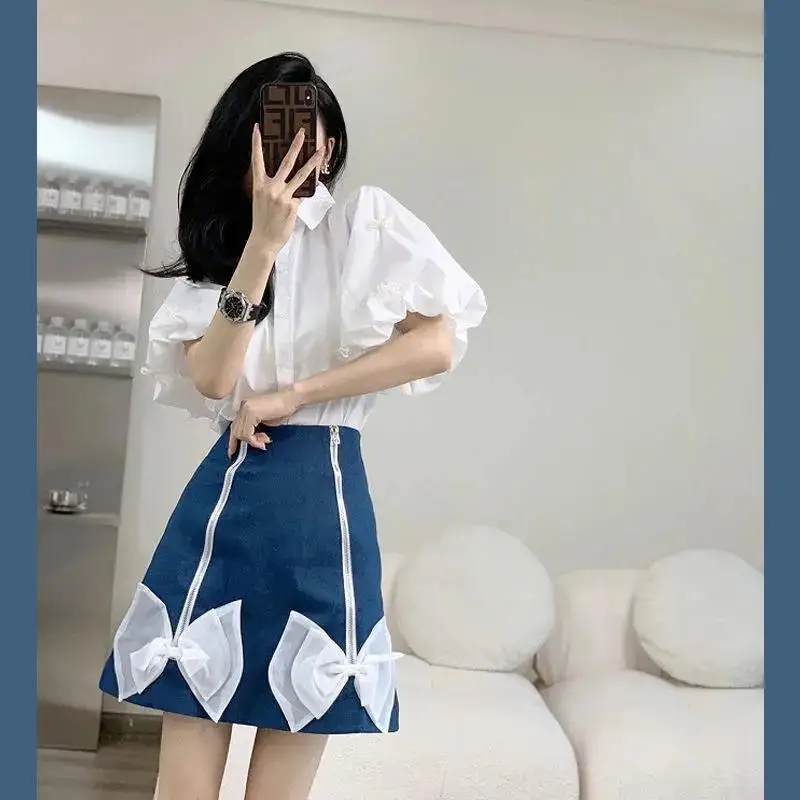 

2023 Summer New Salt Style Retro Short Sleeve Shirt Fried Street Age Reducing Sweet Half Skirt Two Piece Outfits for Women