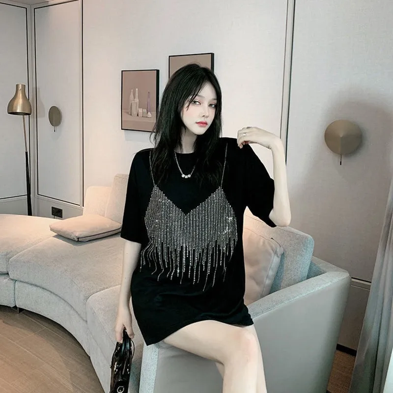 4XL Plus Size Summer Diamond Short Sleeve Loose T Shirt For Women Casual Streetwera T-shirt Lady Chic Camisole Pattern Tee Top