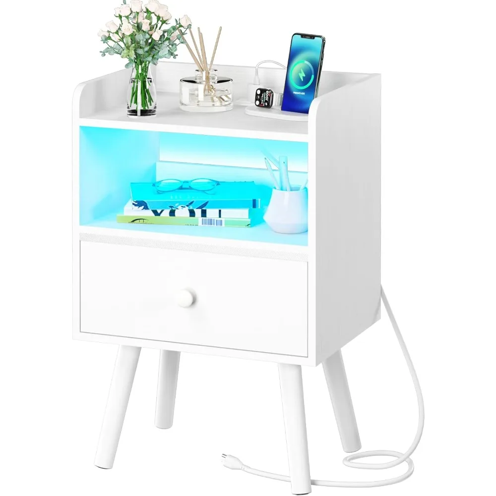 

Прикроватный столик с зарядной станцией, деревянный прикроватный столик с тканевым ящиком и полкой для хранения, прикроватный столик с USB