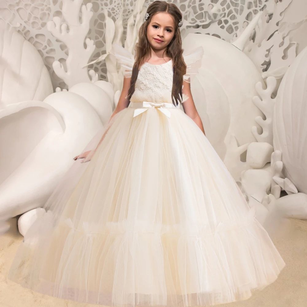 FYMNSI Vestito da bambina con fiori, abito lungo da sera con ricamo, maniche a 3/4, per matrimonio, damigella d'onore, tulle, da principessa, da cocktail, per 3-14 anni, A _ Rosa, 18-24 Mesi