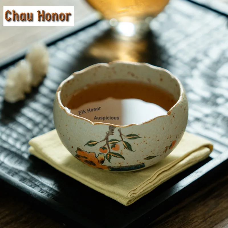 195ml Hand-painted Cat Stealing Persimmons Teacup Retro Tea Bowl Tea Pair Tea-tasting Meditation Cup Chazhan Master Cups Cha