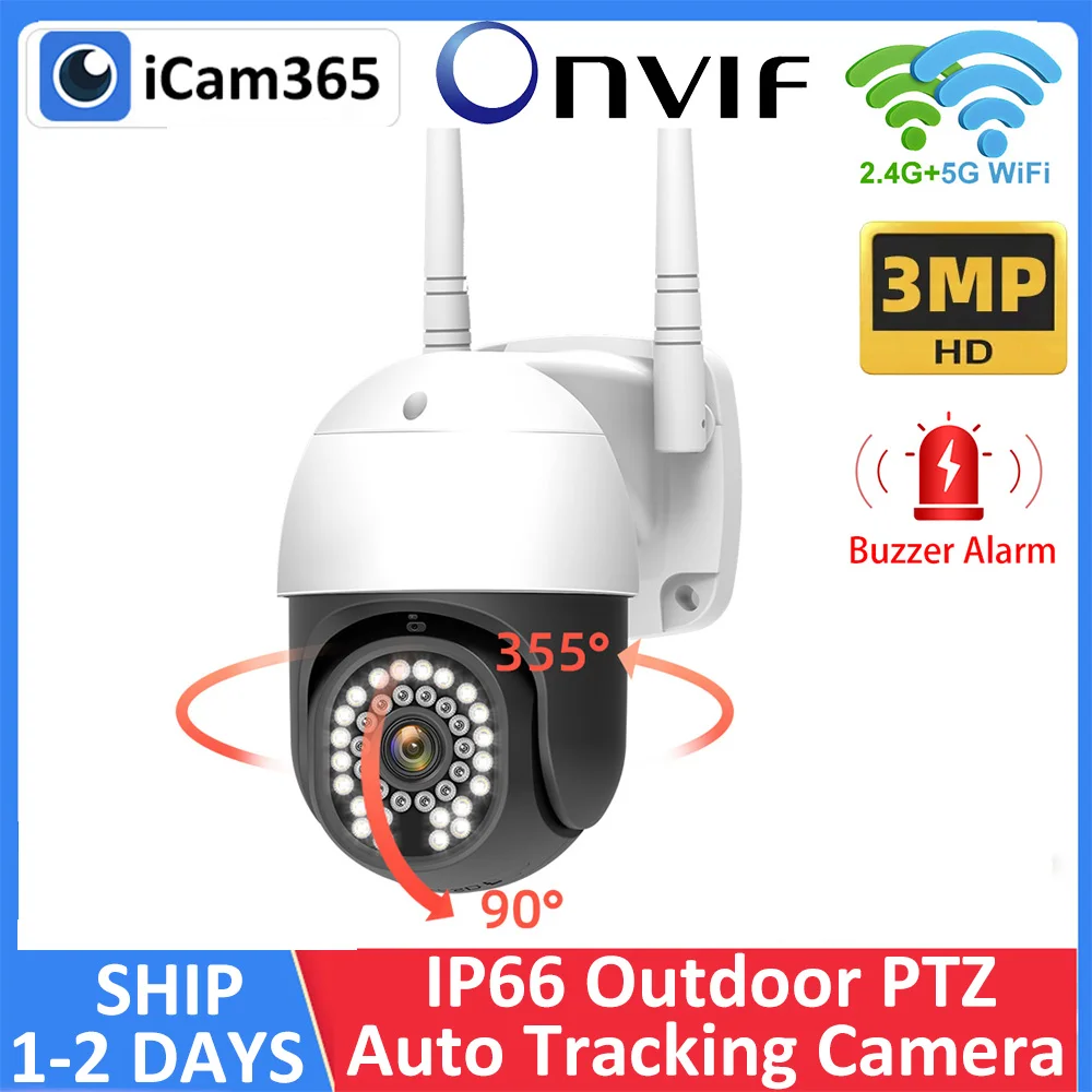 2.4G 5G 3MP PTZ WiFi IP Wireless Smart Outdoor Home Security 4X Digital Zoom Dome CCTV Video Surveillance ONVIF Spotlight Camera