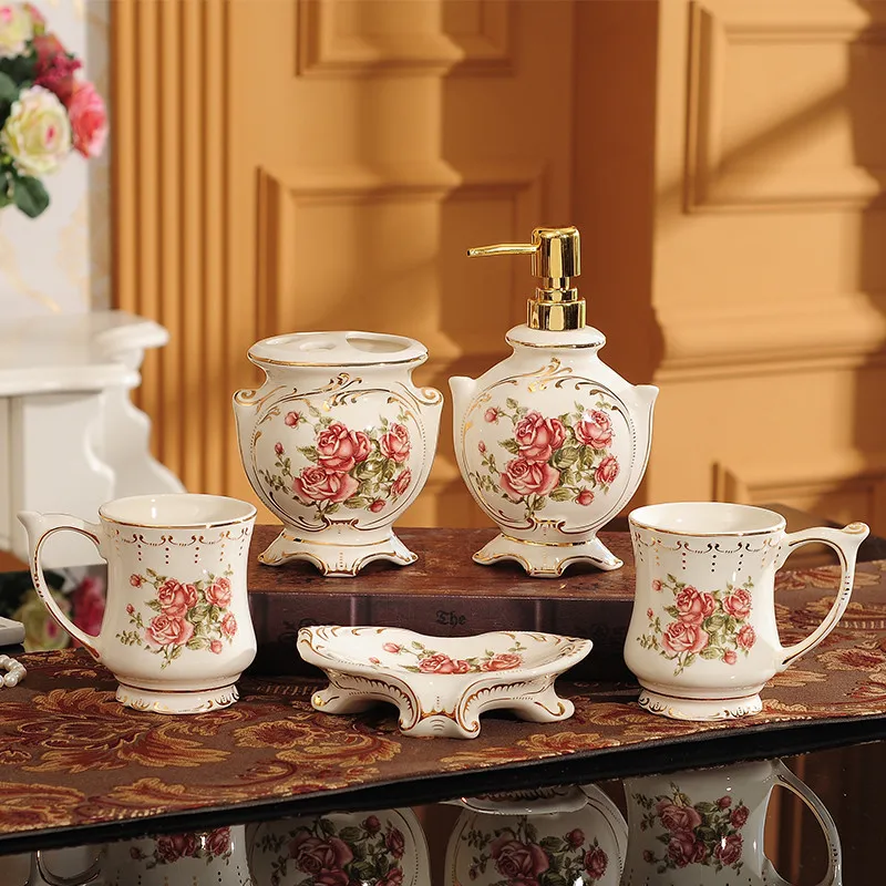 

New Rose Ceramic Bathroom Sanitary Ware Set Porcelain Soap Dispenser Dish Couple Cup WashTools 5 Pieces Kit Wedding Gift Present