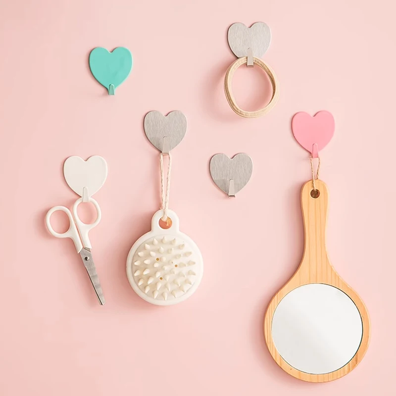 

Love Hook Strong Adhesive Kitchen Wall Hanging Non Punching Self-Adhesive Bathroom Peach Heart Stainless Steel Key Hooks