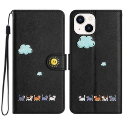 Kawaii Cat Leather Wallet Flip Phone Case with Stand and Card Holder - iPhone 16 Plus (Black)