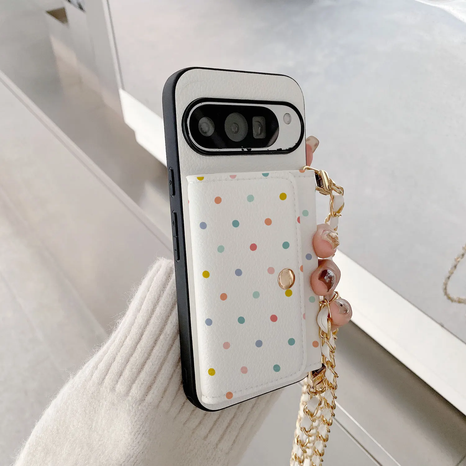 Polka Dot Lychee PU Leather Phone Card Holder Lanyard Case