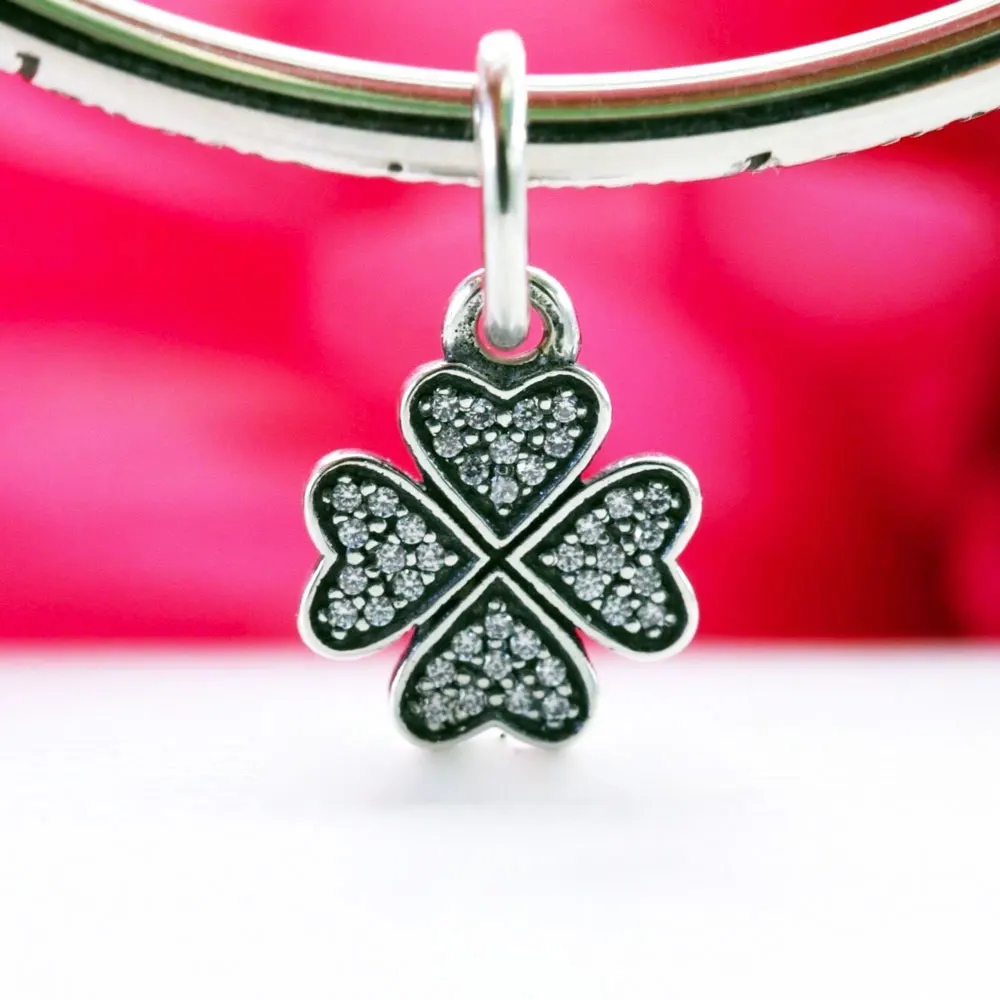 

925 Sterling Silver Sparkling Lucky Clover Dangle Charm Bead Fits All European Pandora Bracelets Necklaces