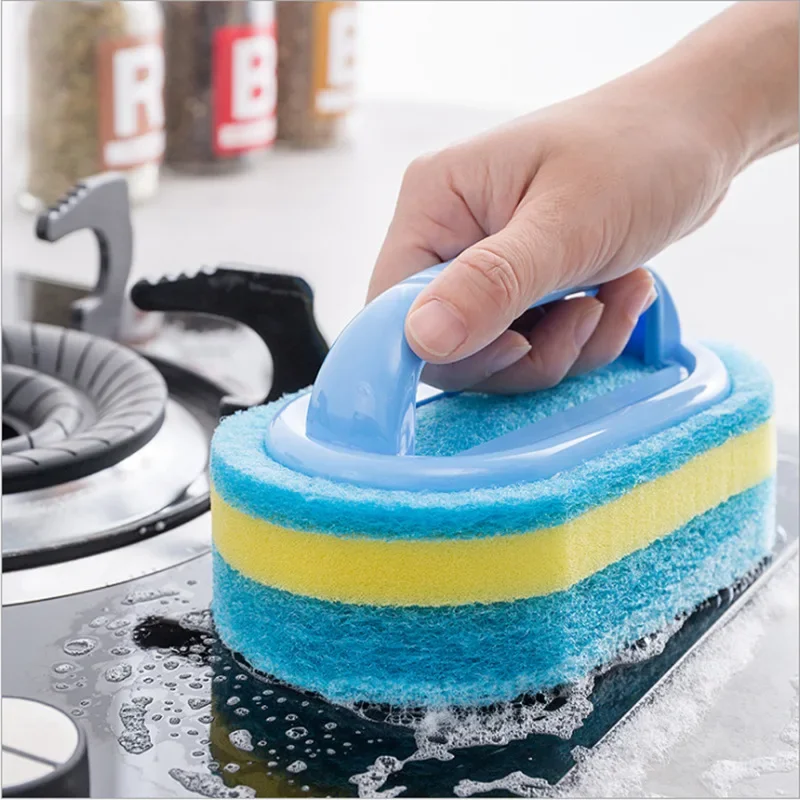 

Sponge Cleaning Brush with Handle Thickened Stain Removing Clean Brush Pot Tile Kitchen Toilet Bathroom Cleaning Sponge Wipe