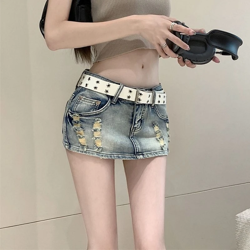Women's Vintage Blue Washed Distressed Denim Skort Loose Fit High Waist Slimming Stylish Design Summer New Arrival 5