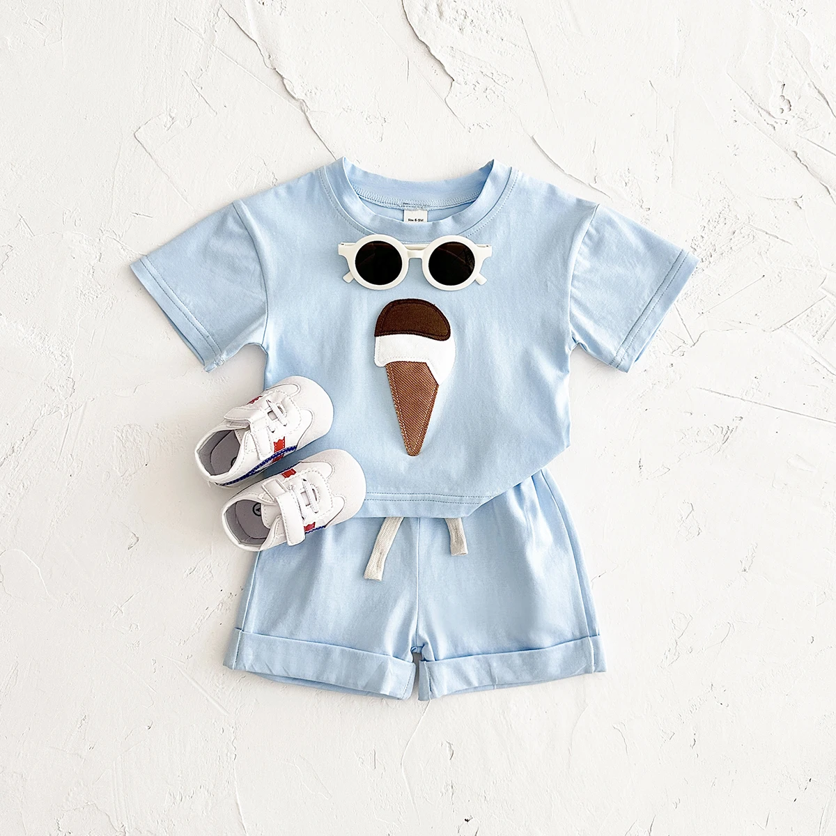 

2024 Summer New Baby Solid Color Short Sleeve Clothing Set Boy Girl Ice Cream Tops + Short 2Pcs Suit Kids Clothes Items 0-3Y